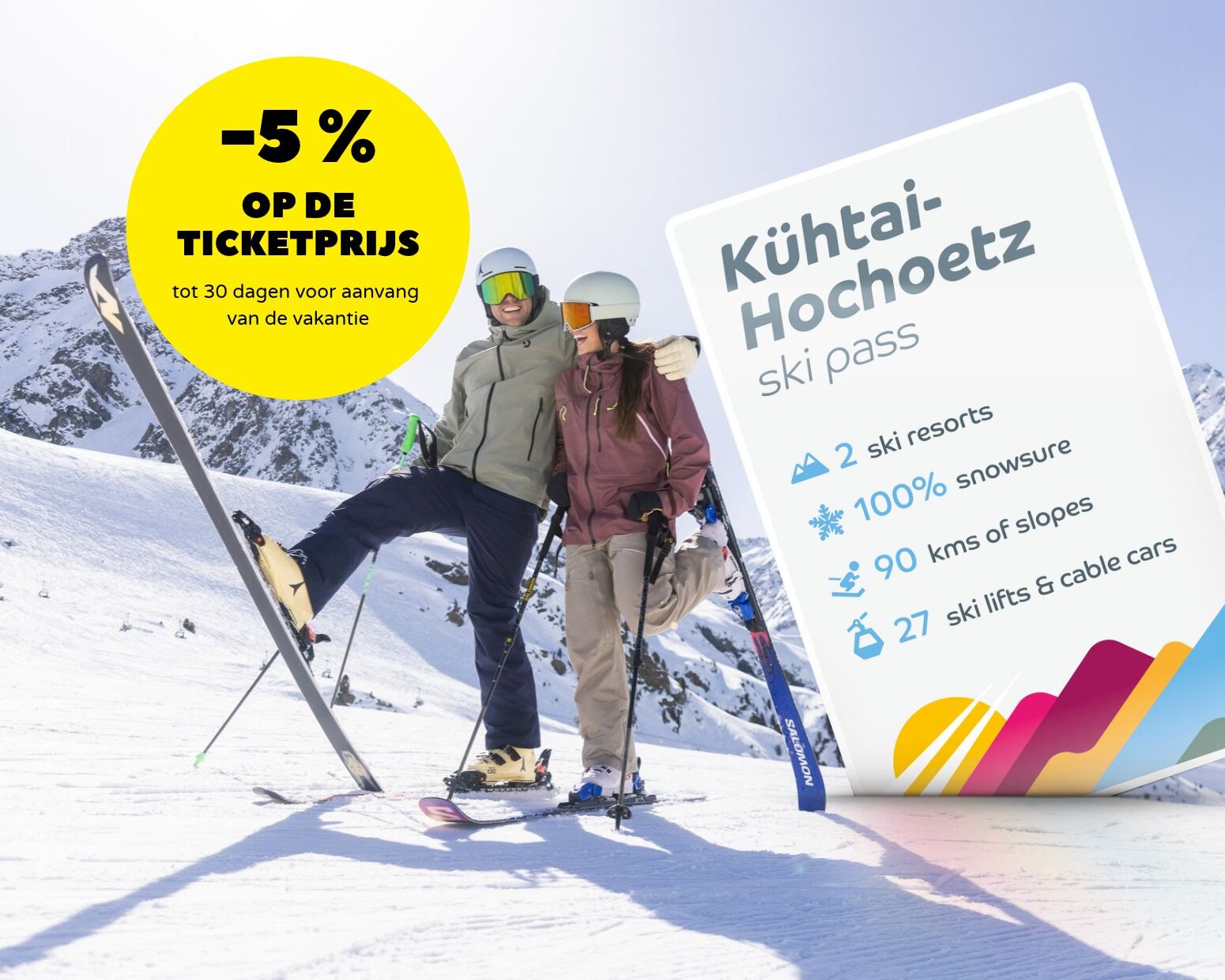 Niederländische Werbegrafik zum Kühtai-Hochoetz-Skipass mit 5-%-Rabatt bis 30 Tage vor Urlaubsbeginn.