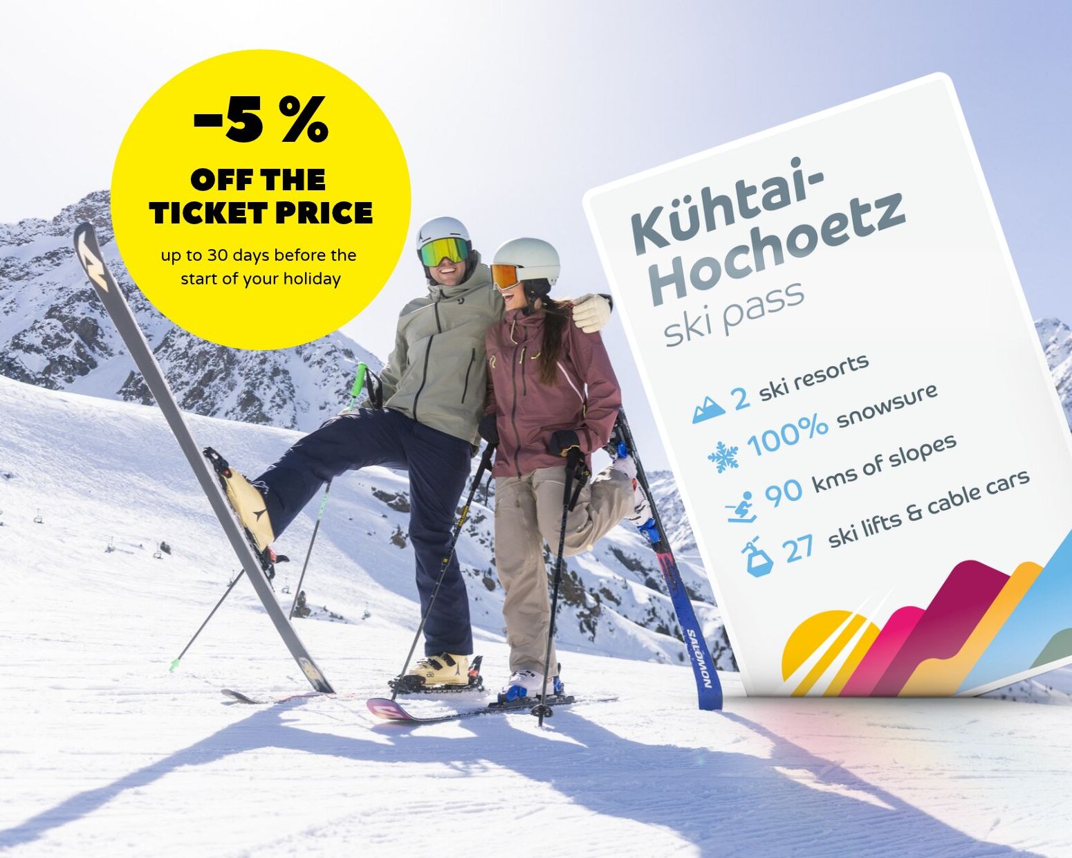 Englische Werbegrafik: 5 % Rabatt auf den Kühtai-Hochoetz-Ticketpreis bis 30 Tage vor Urlaubsbeginn.